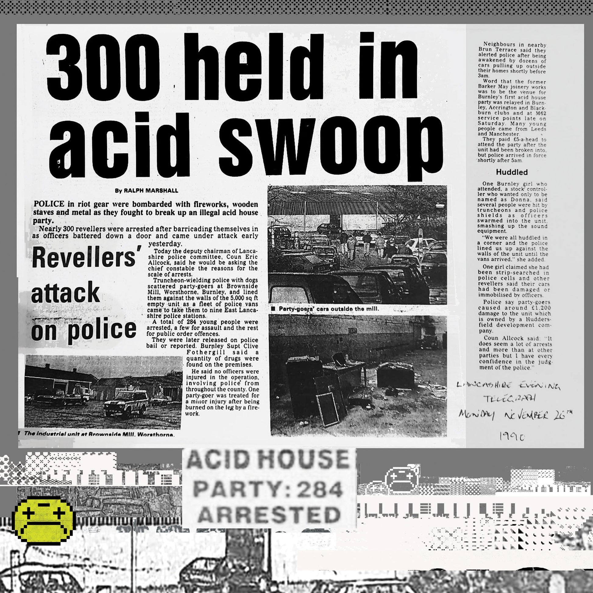 ACID HOUSE PARTY T SHIRT, SMILEY, 330 HELD IN ACID SWOOP TEXT, SMILEY HEAD CHARACHTER. ILLEGAL WAREHOUSE. ARRESTS